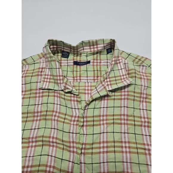 Vtg Burberry Men's Short Sleeve Linen Button Up Green Beige Check USA Made Sz XL - Picture 6 of 13